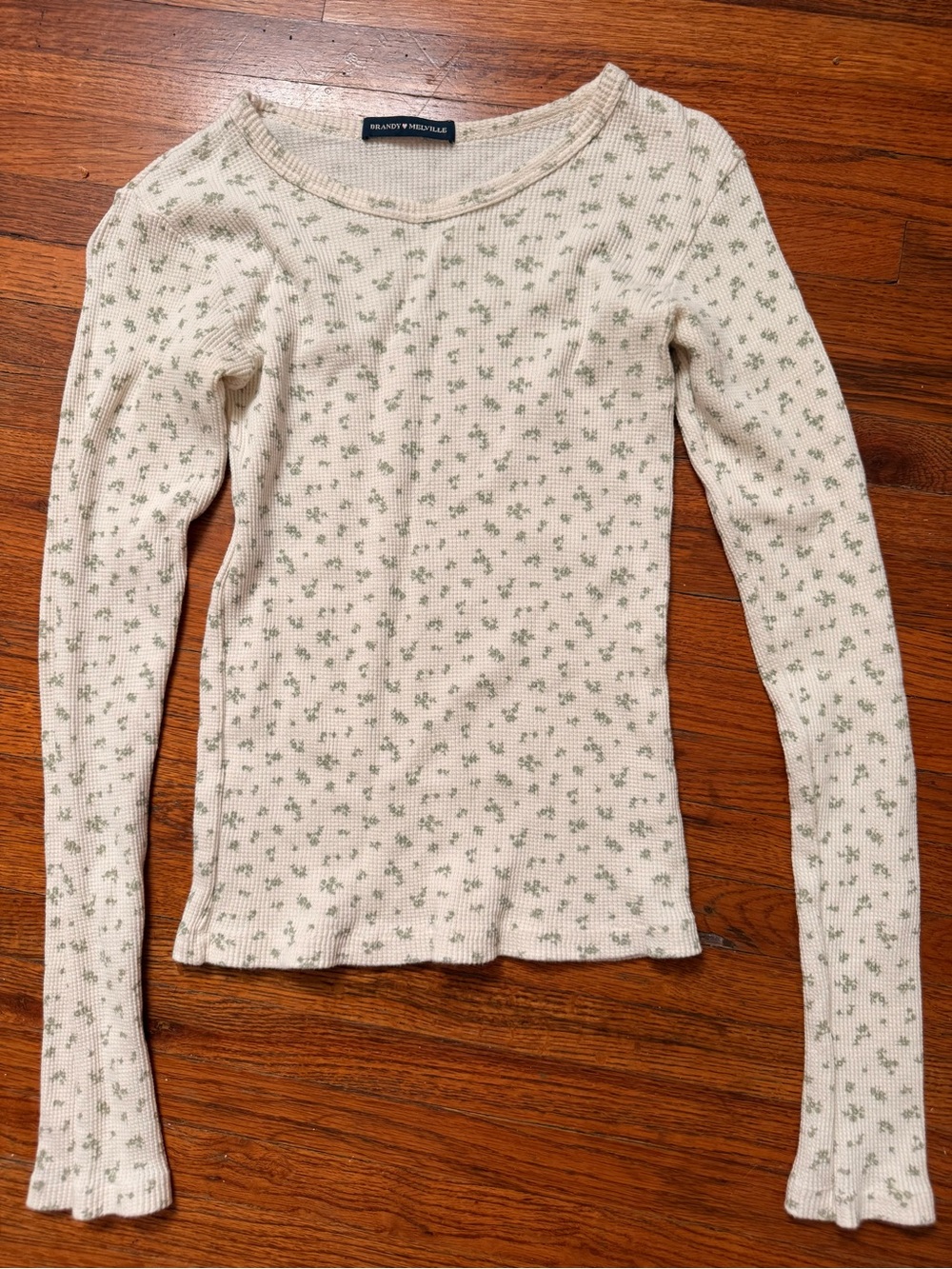 Brandy Melville Cream Long-Sleeve Ribbed Top with Green Floral Print
